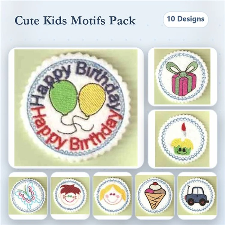 Kids Birthday Motifs Embroidery Designs Bundle – Happy Birthday Balloons, Birthday Cake with Candle, Gift Box & More (10 Designs)
