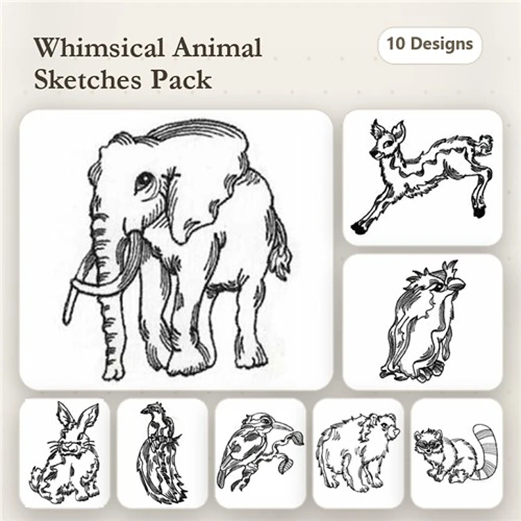 Redwork Whimsical Animal Embroidery Bundle – Elephant, Deer, Penguin & More (10 Designs)