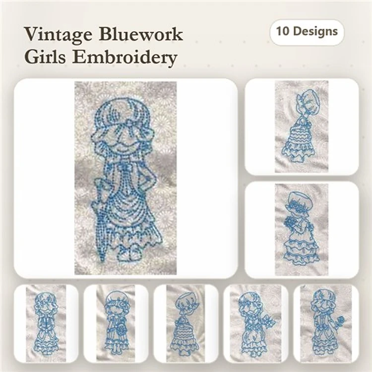 Redwork Vintage Bluework Girls Embroidery Bundle – Girl with Umbrella, Girl with Bonnet, & More (10 Designs)