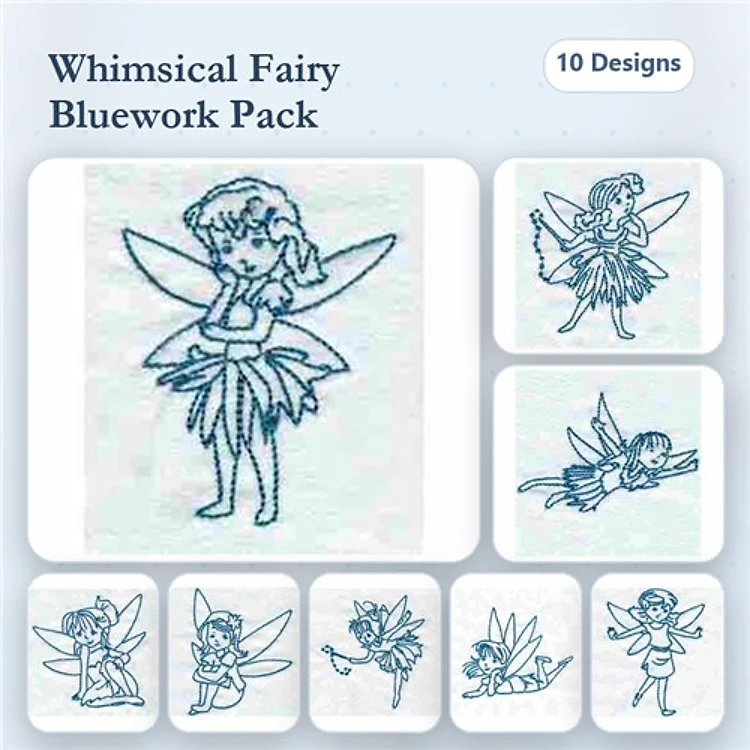 Redwork Whimsical Fairy Embroidery Designs Bundle – Fairy with Hands on Hips, Fairy in Flight, Fairy with Flowing Hair & More (10 Designs)
