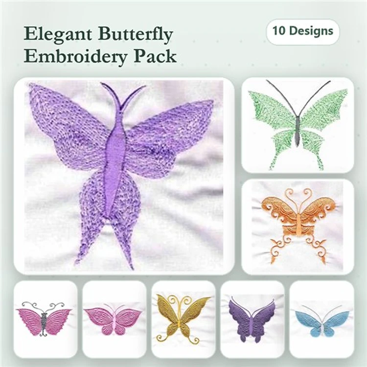 Elegant Butterflies Embroidery Designs Bundle – Purple Butterfly, Green Butterfly, Orange Butterfly & More (10 Designs)