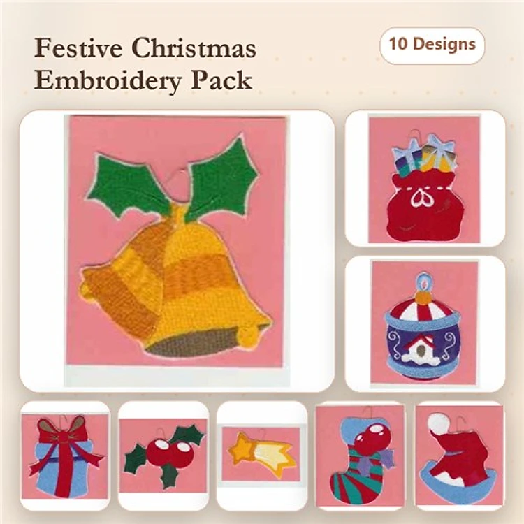 Applique Festive Christmas Embroidery Bundle – Christmas Bell, Santa with Gifts, Christmas Gift Bow & More (10 Designs)