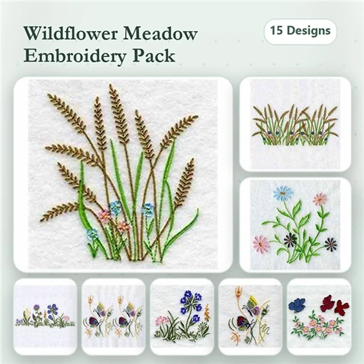 Wildflower & Grass Embroidery Designs Bundle – Blue Wildflower, Pink Flower Bouquet, Daisy Cluster & More (15 Designs)