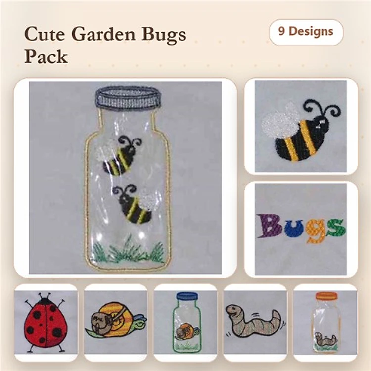 Garden Bugs Embroidery Designs Bundle – Bee in Jar, Ladybug, Ant & More (9 Designs)
