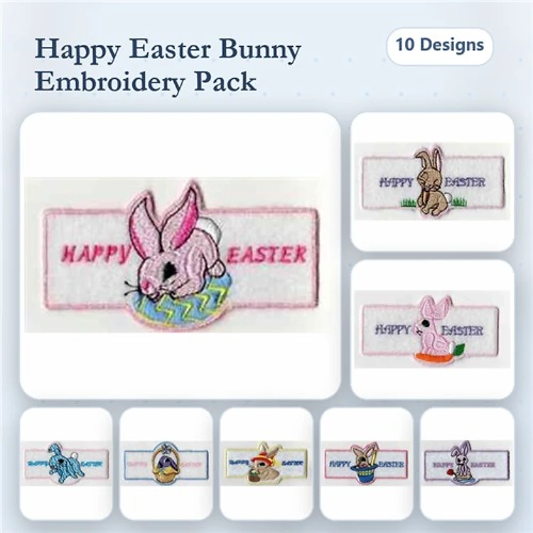Applique Easter Bunny Embroidery Bundle – Happy Easter Bunny, Bunny with Egg, Bunny in Egg & More (10 Designs)