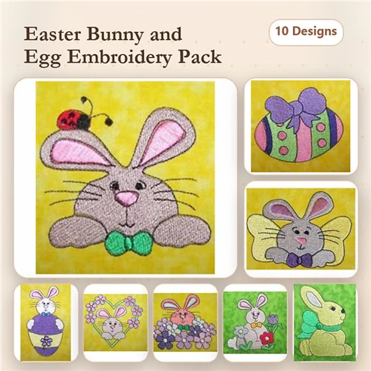 Easter Bunny & Eggs Embroidery Designs Bundle – Bunny with Ladybug, Decorated Egg, Bunny with Basket & More (10 Designs)