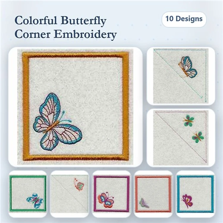 Colorful Butterfly & Flower Embroidery Bundle – Butterfly Corner Design 1, Butterfly Corner Design 2, Flower Corner Design 1 & More (10 Designs)