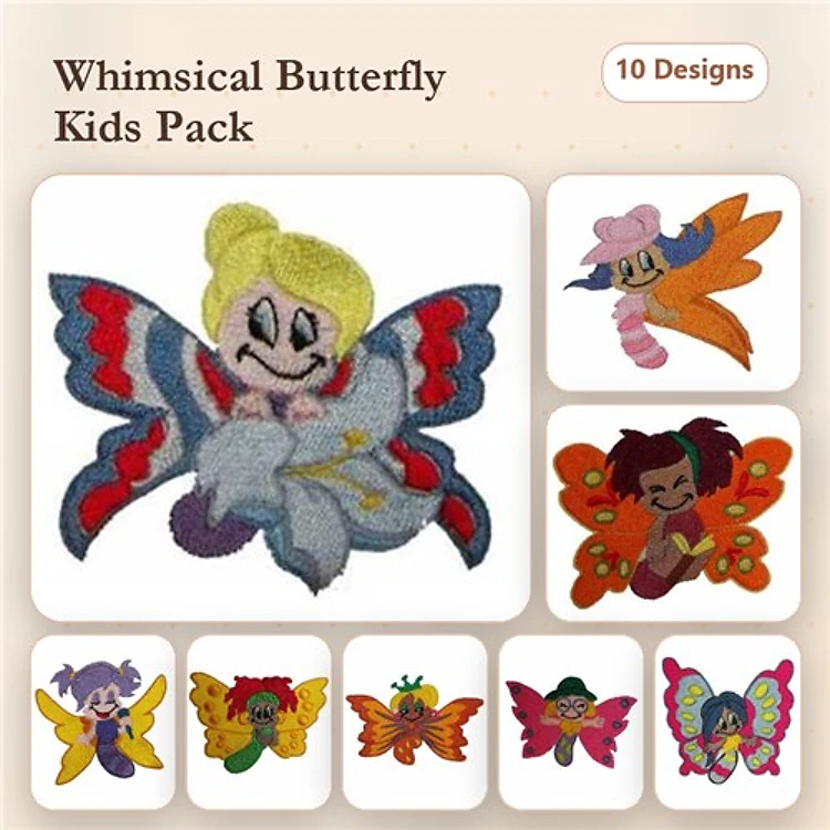 Butterfly Characters Embroidery Designs Bundle – Butterfly Girl with Yellow Hair, Colorful Butterfly with Orange Wings & More (10 Designs)