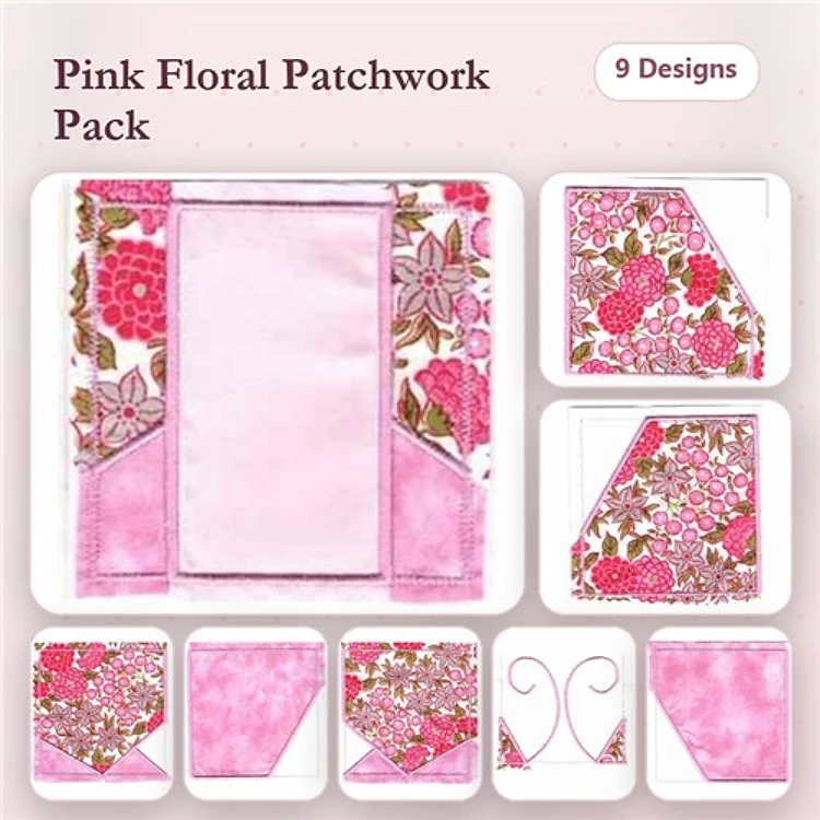 Applique Pink Floral Patchwork Embroidery Bundle – Squares, Corners, Borders & More (9 Designs)