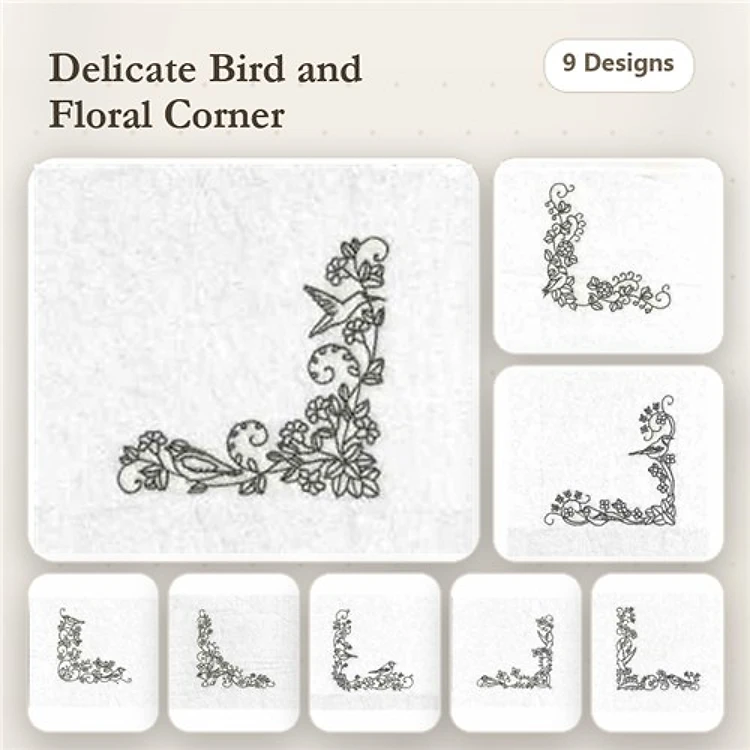 Redwork Bird & Floral Corner Embroidery Bundle – Bird in Floral Corner, Floral Accents Corner & More (9 Designs)