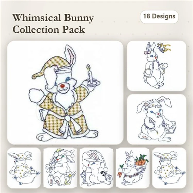 Redwork Whimsical Bunnies Embroidery Designs Bundle – Bunny in Nightgown, Bunny with Carrot Basket & More (18 Designs)