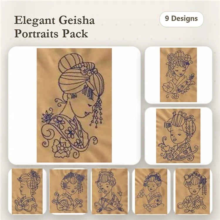 Redwork Elegant Geisha Portraits Embroidery Bundle – Geisha with Floral Accents, Geisha with Lantern, & More (9 Designs)