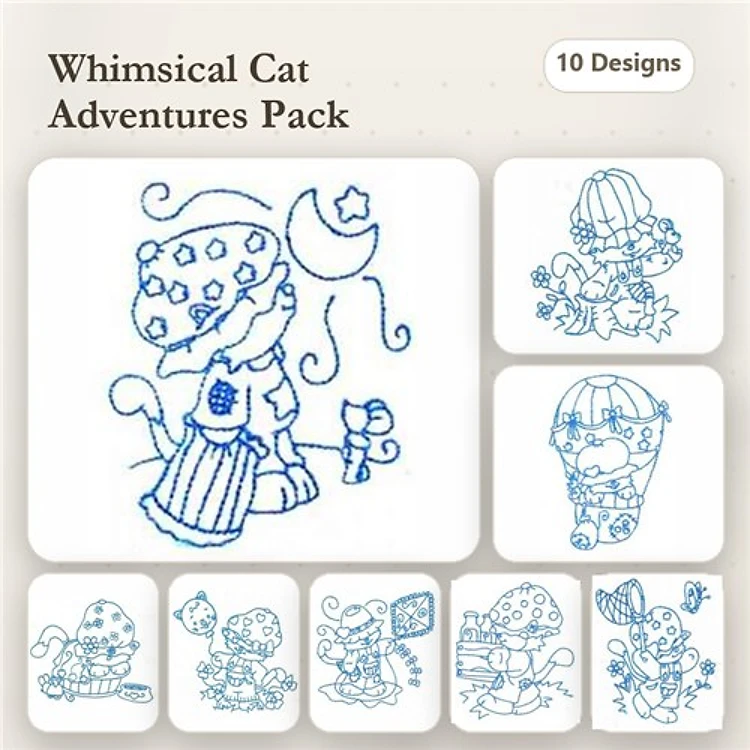 Redwork Cat Adventures Embroidery Bundle – Cat with Moon, Cat in Hot Air Balloon, Cat with Butterfly & More (10 Designs)