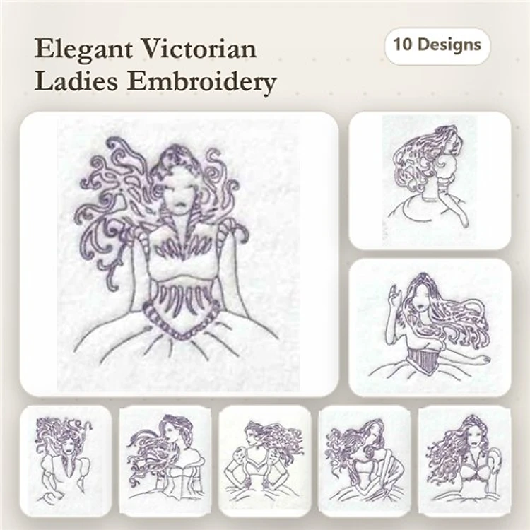 Redwork Victorian Ladies Embroidery Designs Bundle – Elegant Outfits, Curly Hair, Floral Dress & More (10 Designs)