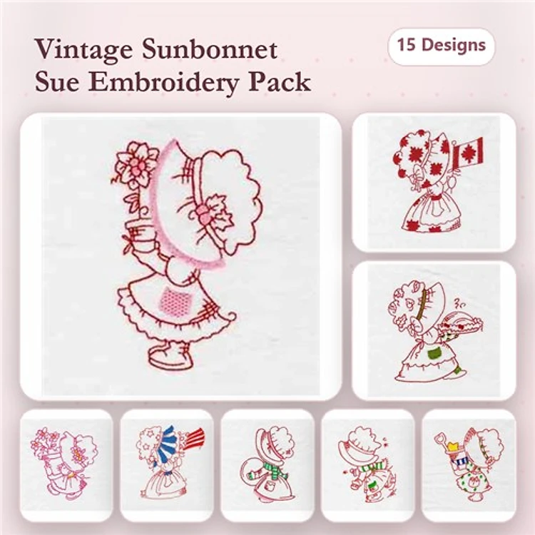 Redwork Vintage Sunbonnet Sue Embroidery Designs Bundle – Sunbonnet Sue with Flowers, Umbrella, & More (15 Designs)