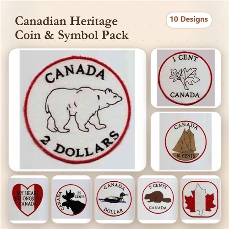 Redwork Canadian Coins & Symbols Embroidery Designs Bundle – Bear, Maple Leaf, Canada Flag & More (10 Designs)