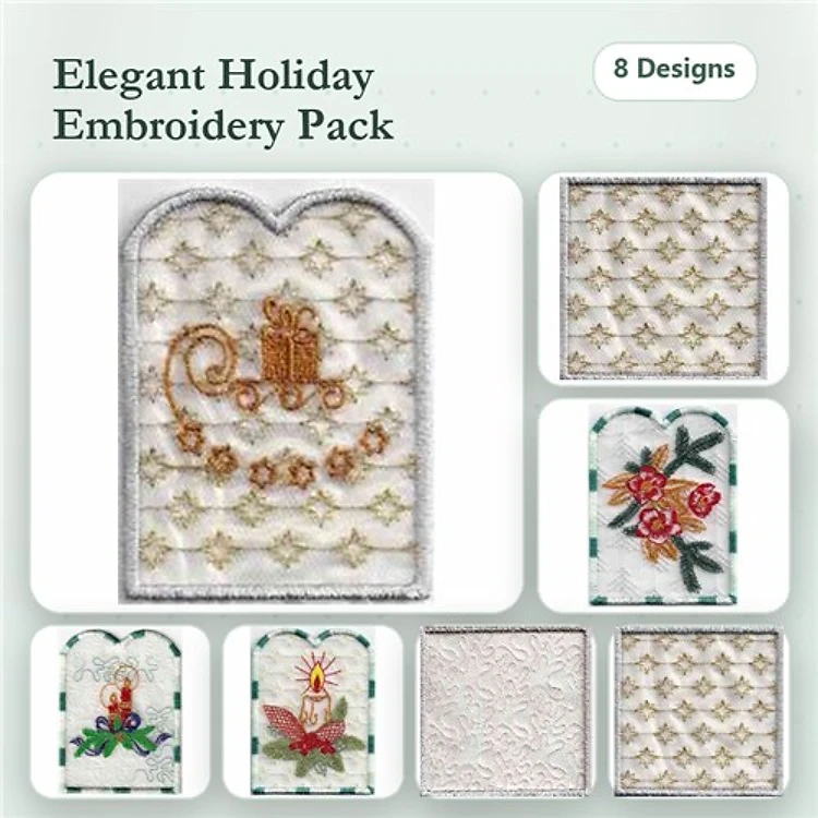 Elegant Holiday Embroidery Designs Bundle – Holiday Sleigh, Candle with Holly, Poinsettia Design & More (8 Designs)