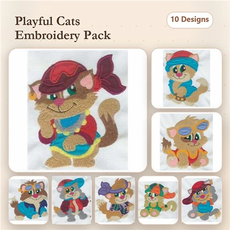 Applique Playful Cat Characters Embroidery Designs Bundle – Pirate Cat, Hipster Cat, Cowboy Cat & More (10 Designs)