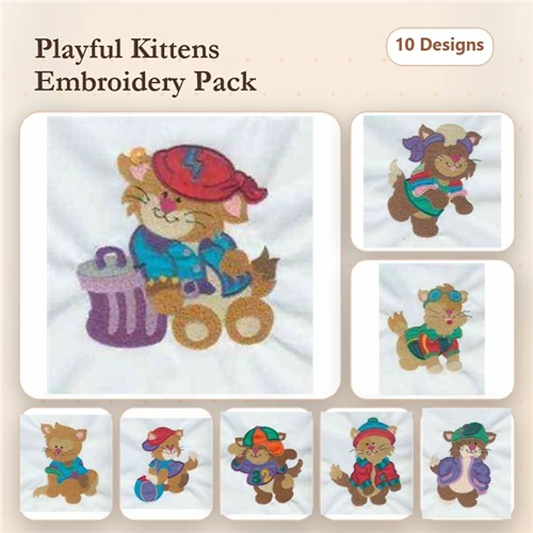 Playful Kittens Embroidery Designs Bundle – Kitten with Hat and Trash Can, Kitten in Green Outfit, & More (10 Designs)