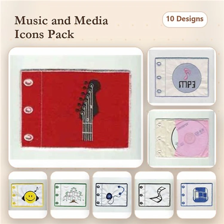 Music and Media Icons Embroidery Designs Bundle – Guitar, CD, MP3, Music Note & More (10 Designs)
