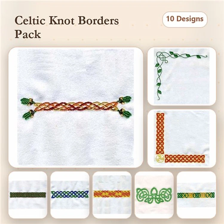 Celtic Knot Borders Embroidery Designs Bundle – Green Accents, Braided, Corner & More (10 Designs)