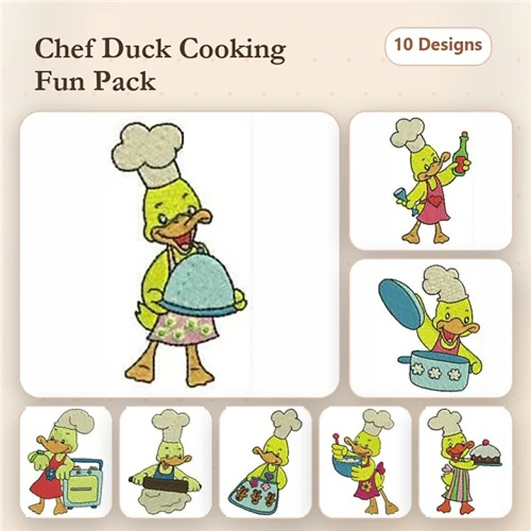 Chef Duck Cooking Embroidery Bundle – Chef Duck Stirring Pot, Chef Duck with Covered Dish, & More (10 Designs)