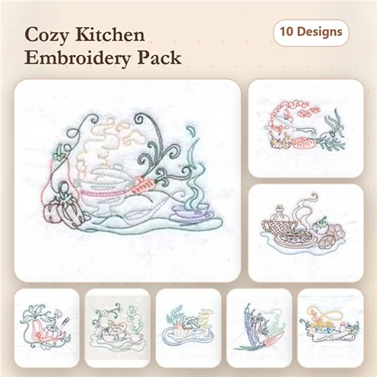 Redwork Cozy Kitchen Embroidery Designs Bundle – Tea Pot with Steam, Baking Bowl with Eggs, Cup and Saucer & More (10 Designs)