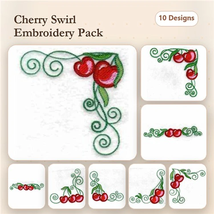 Cherry & Swirl Embroidery Designs Bundle – Cherry Swirl Corner, Cherry Cluster with Swirls, Single Cherry Design & More (10 Designs)