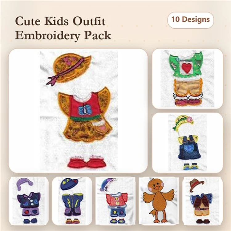 Kids Outfits Embroidery Designs Bundle – Dress with Hat, Overalls with Shirt, Shorts with T-Shirt & More (10 Designs)