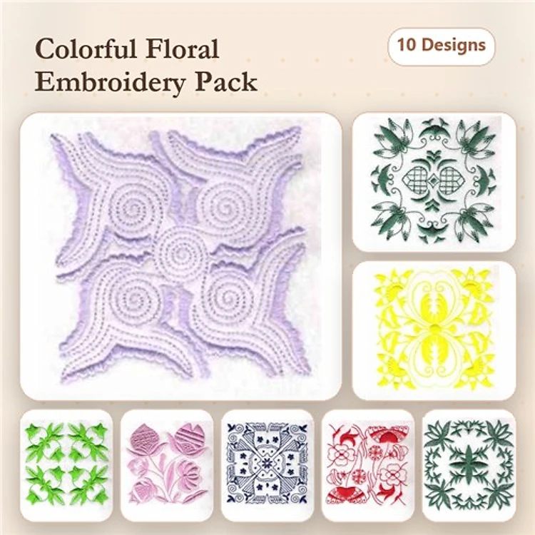Rippled Colorful Floral Embroidery Designs Bundle – Intricate Patterns & More (10 Designs)