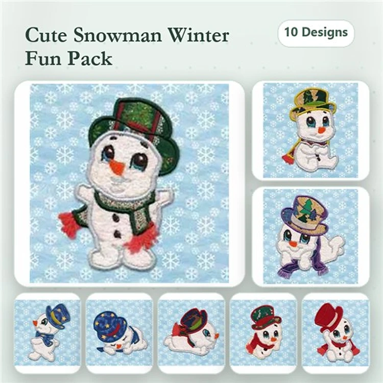 Applique Cute Snowman Characters Embroidery Bundle – Snowman with Green Hat, Red Hat, Scarf & More (10 Designs)