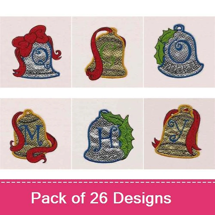 Christmas Bell Embroidery Designs Bundle – Bell with Bow, Bell with Holly, Bell with Scroll & More (26 Designs)
