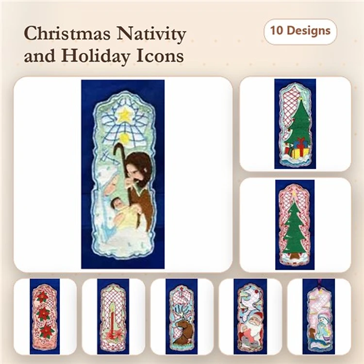 Christmas Nativity & Holiday Icons Embroidery Designs Bundle – Nativity Scene, Christmas Tree, Santa with Presents & More (10 Designs)
