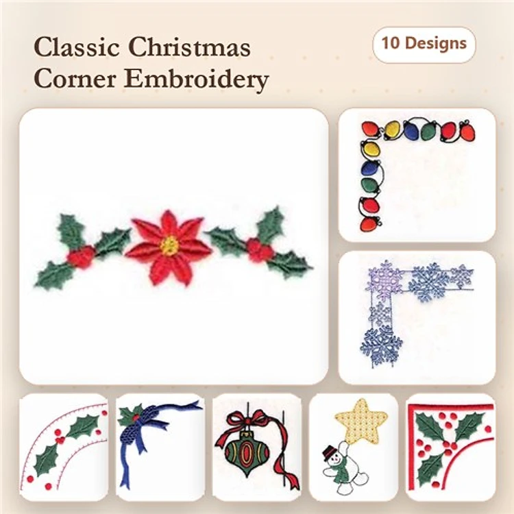 Christmas Corner Embroidery Designs Bundle – Poinsettia, Holly Border, Christmas Bell & More (10 Designs)