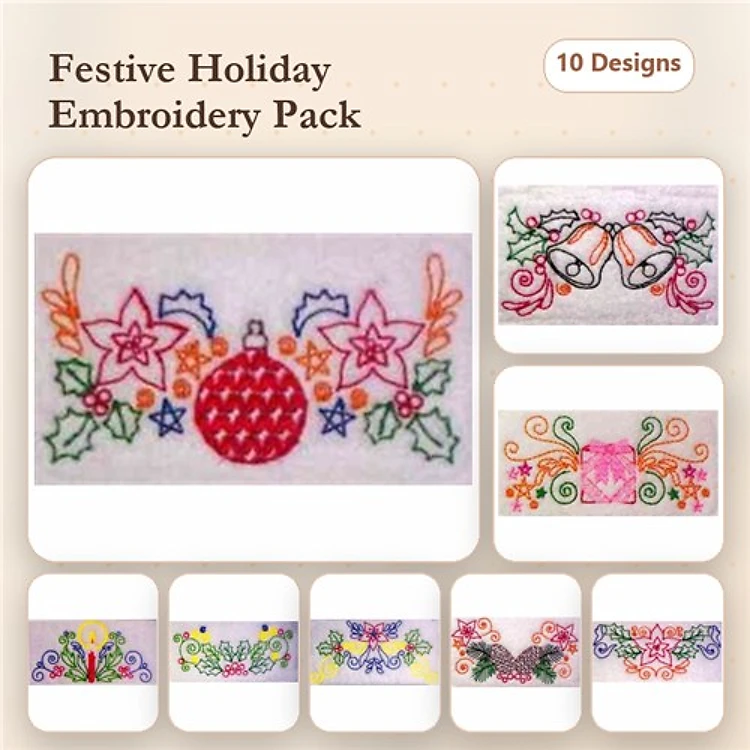 Redwork Festive Holiday Embroidery Designs Bundle – Holly with Ornament, Bell with Bow, Poinsettia Floral & More (10 Designs)
