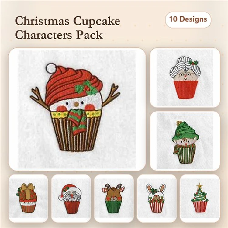 Christmas Cupcake Characters Embroidery Bundle – Santa Hat, Snowman, Whipped Cream & More (10 Designs)