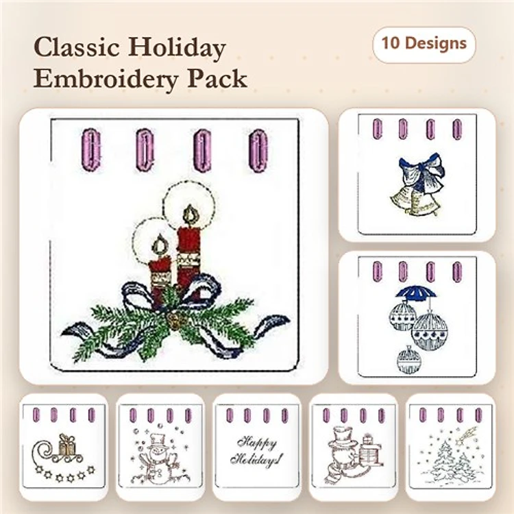 Classic Holiday Embroidery Designs Bundle – Candles with Holly, Snowman, Christmas Tree & More (10 Designs)