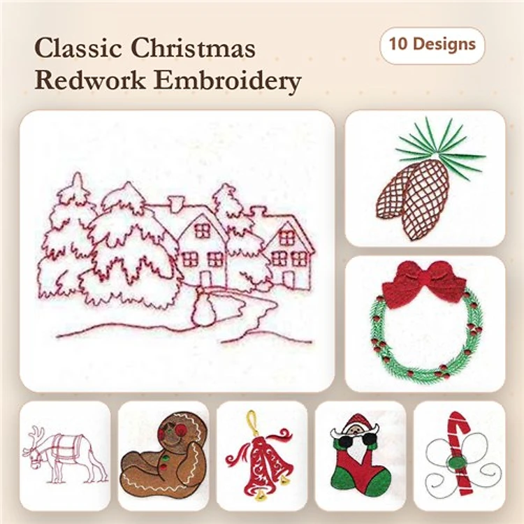 Redwork Christmas Embroidery Designs Bundle – Christmas House, Santa Claus, Gingerbread Man & More (10 Designs)