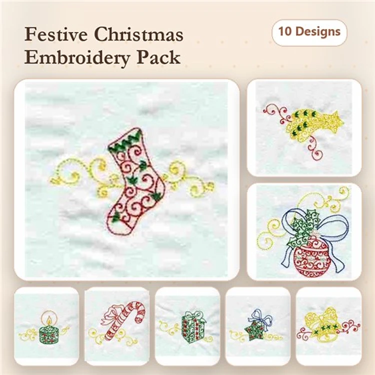 Christmas Decorations Embroidery Designs Bundle – Stocking, Candy Cane, Ornament & More (10 Designs)
