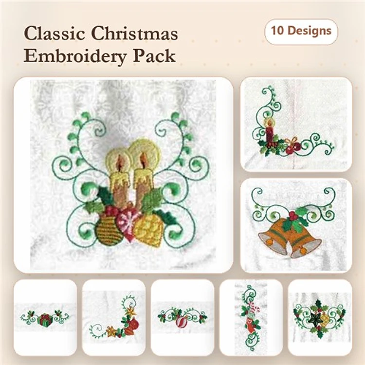 Classic Christmas Embroidery Designs Bundle – Candles, Bells, Holly & More (10 Designs)