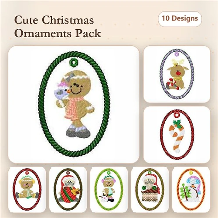 ITH Christmas Ornament Embroidery Designs Bundle – Gingerbread Man, Santa, Reindeer & More (10 Designs)