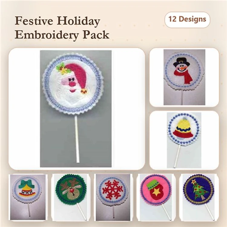 ITH Festive Holiday Embroidery Designs Bundle – Santa Lollipop, Snowman Lollipop & More (12 Designs)