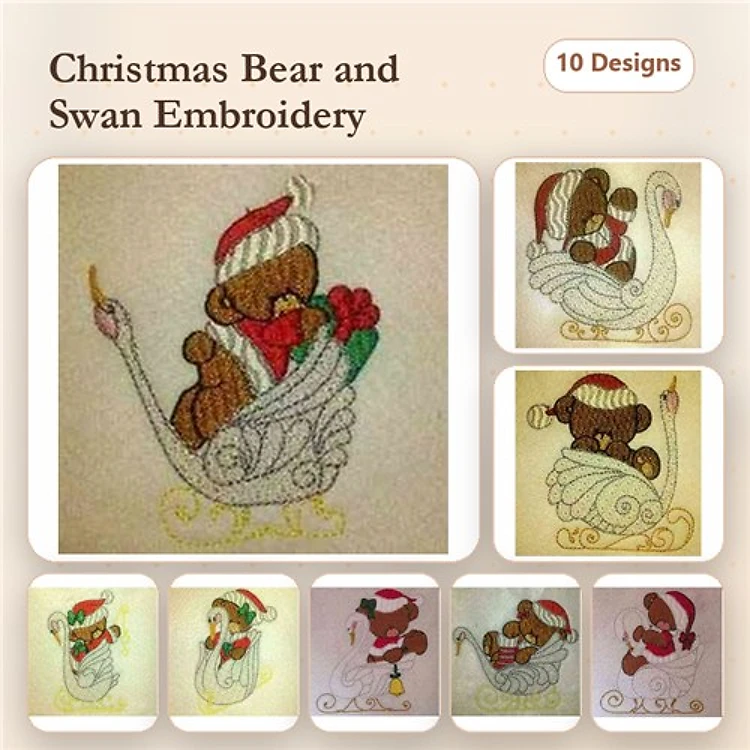 Christmas Bear & Swan Embroidery Designs Bundle – Santa Bear, Swan with Gifts, Bear in Sleigh & More (10 Designs)