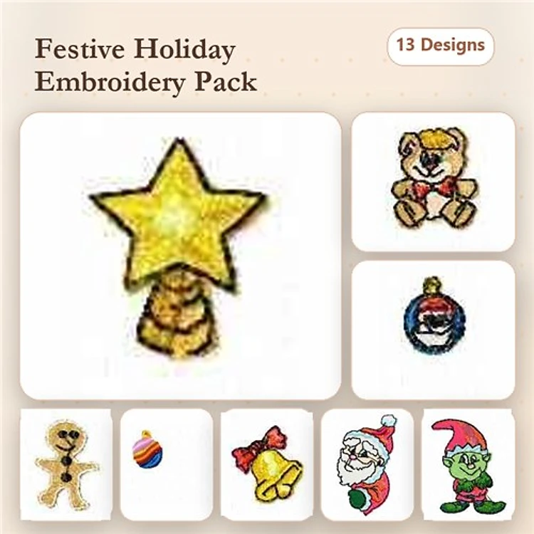 Festive Holiday Characters Embroidery Bundle – Star Tree Topper, Teddy Bear, Santa Claus & More (13 Designs)