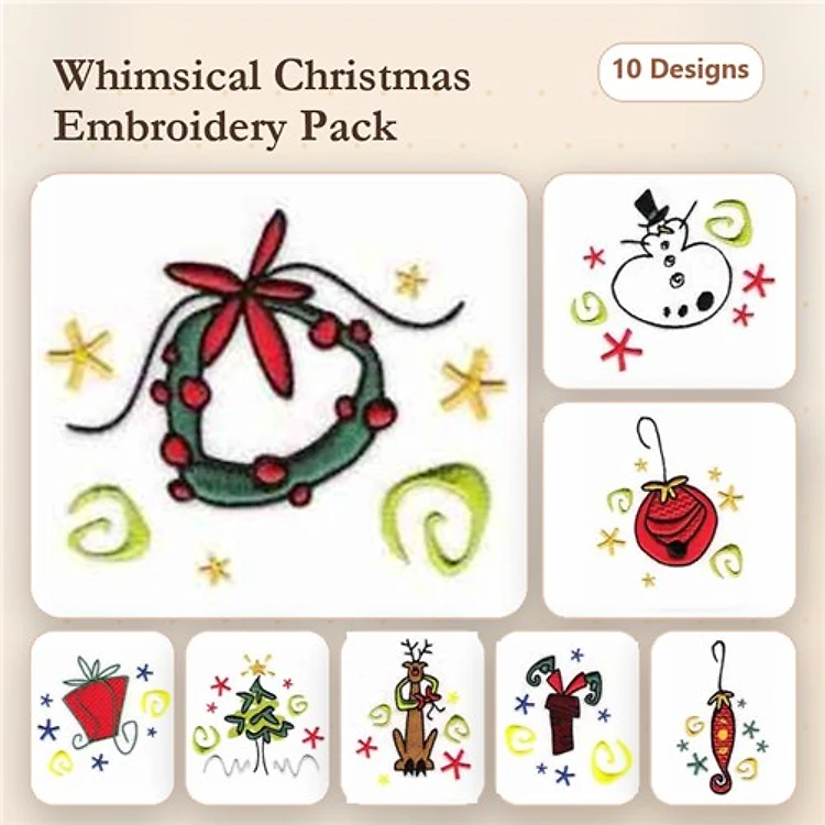 Christmas Wreath & Snowman Embroidery Designs Bundle – Christmas Tree, Reindeer, Candy Cane & More (10 Designs)