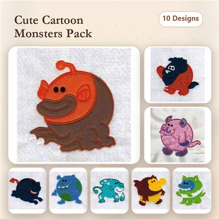 Applique Cute Cartoon Monsters Embroidery Bundle – Orange Monster, Blue Monster, Red Monster & More (10 Designs)