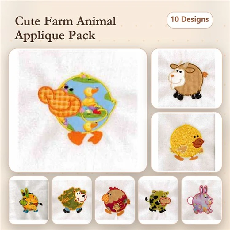 Applique Cute Farm Animal Embroidery Bundle – Duck, Sheep, Chick & More (10 Designs)