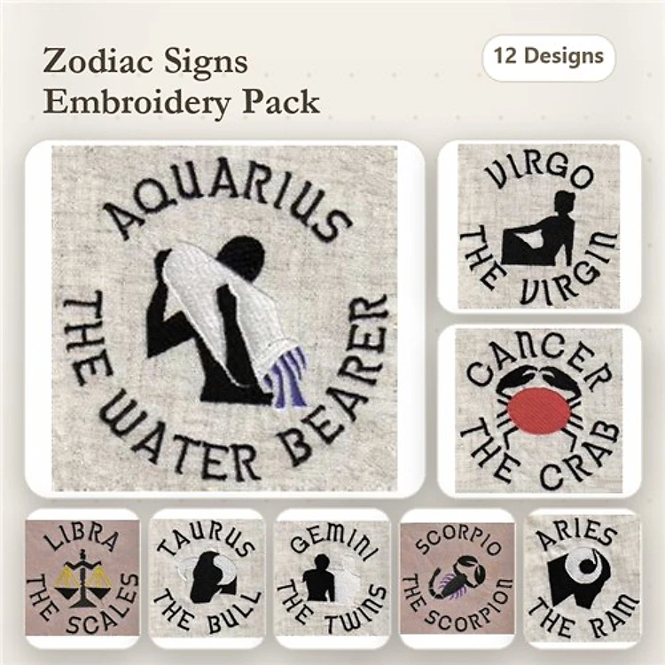 Zodiac Signs Embroidery Designs Bundle – Aquarius, Virgo, Cancer, Libra & More (12 Designs)