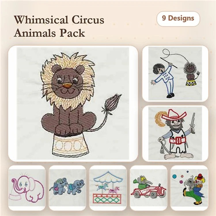 Circus Animals Embroidery Designs Bundle – Lion on a Bowl, Circus Performer, Clown with Hat & More (9 Designs)