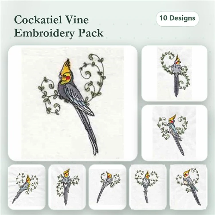 Cockatiel Embroidery Bundle – Cockatiel with Vine, Cockatiel with Flowers, Cockatiel in Blossom & More (10 Designs)